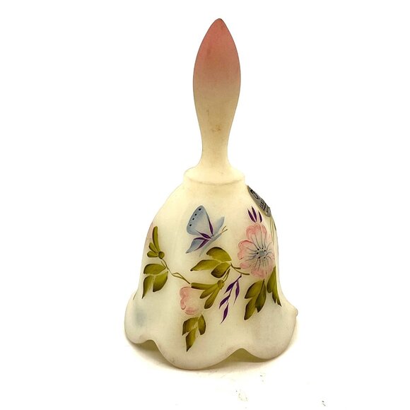 Fenton Handpainted White Frost Glass Bell Floral Design Signature S. Hart #2757 - Picture 11 of 15